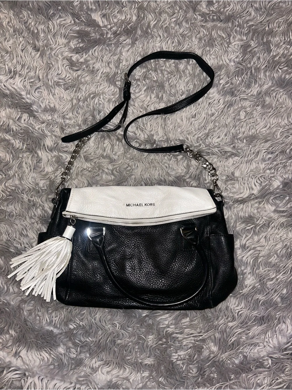 Michael Kors Black & White Leather Shoulder Bag with Tassel